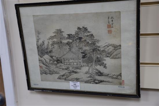 Three Chinese ink paintings after Song and Yuan old masters, largest image excluding brocade border 26.5cm x 32cm